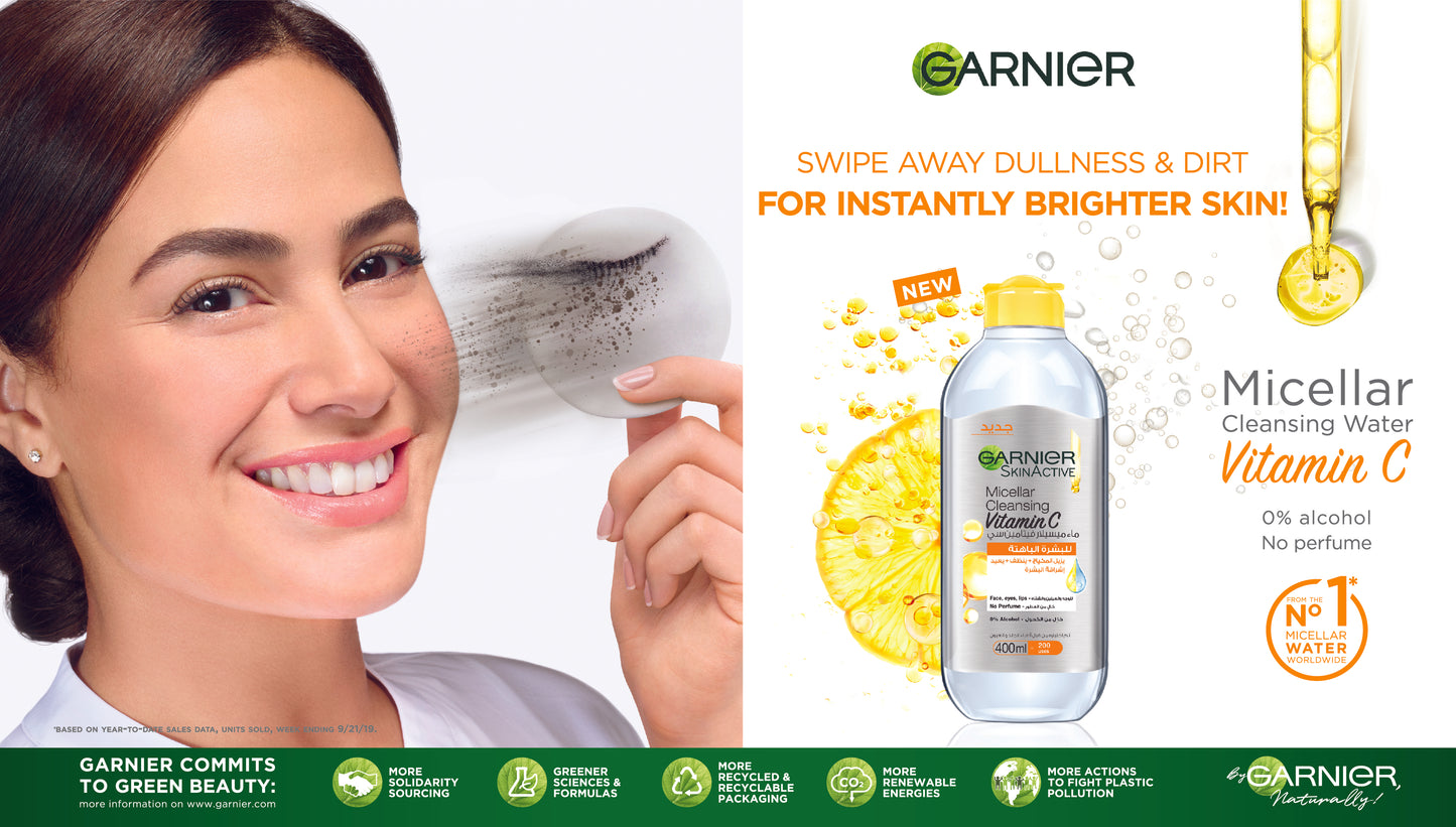 Garnier Vitamin C Micellar Water Facial Brightening Cleanser and Makeup Remover (400mL) - Alora