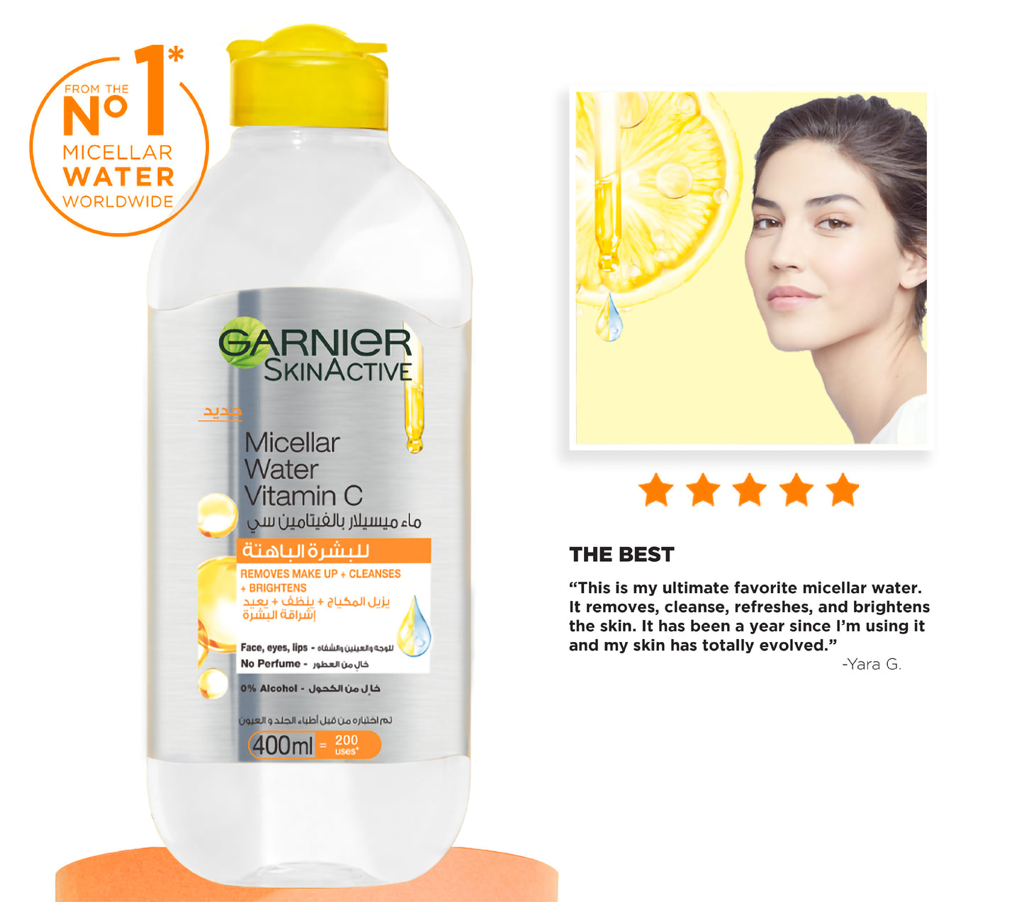 Garnier Vitamin C Micellar Water Facial Brightening Cleanser and Makeup Remover (400mL) - Alora